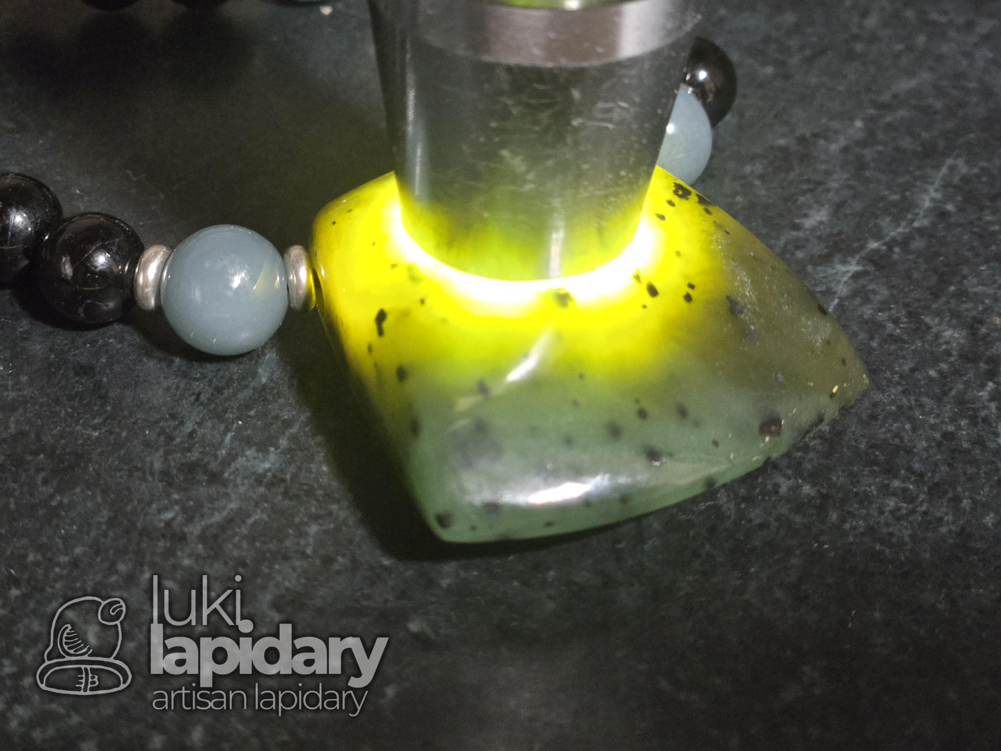 FULLY BEADED >> Siberian Nephrite Jade Hatchet Pendant >> Adjustable Necklace >> Siberian Jade >> Translucent Jade >> Hatchet Pendant