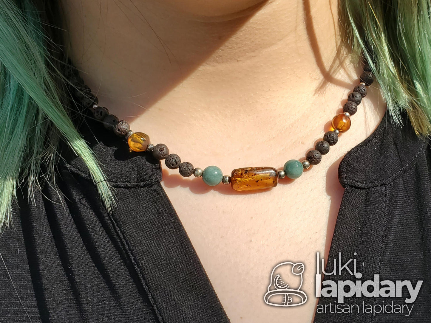RARE >> Baltic Amber / Jadeite Jade >> Lava Rock >> 925 Sterling Silver >> Full Bead Pendant