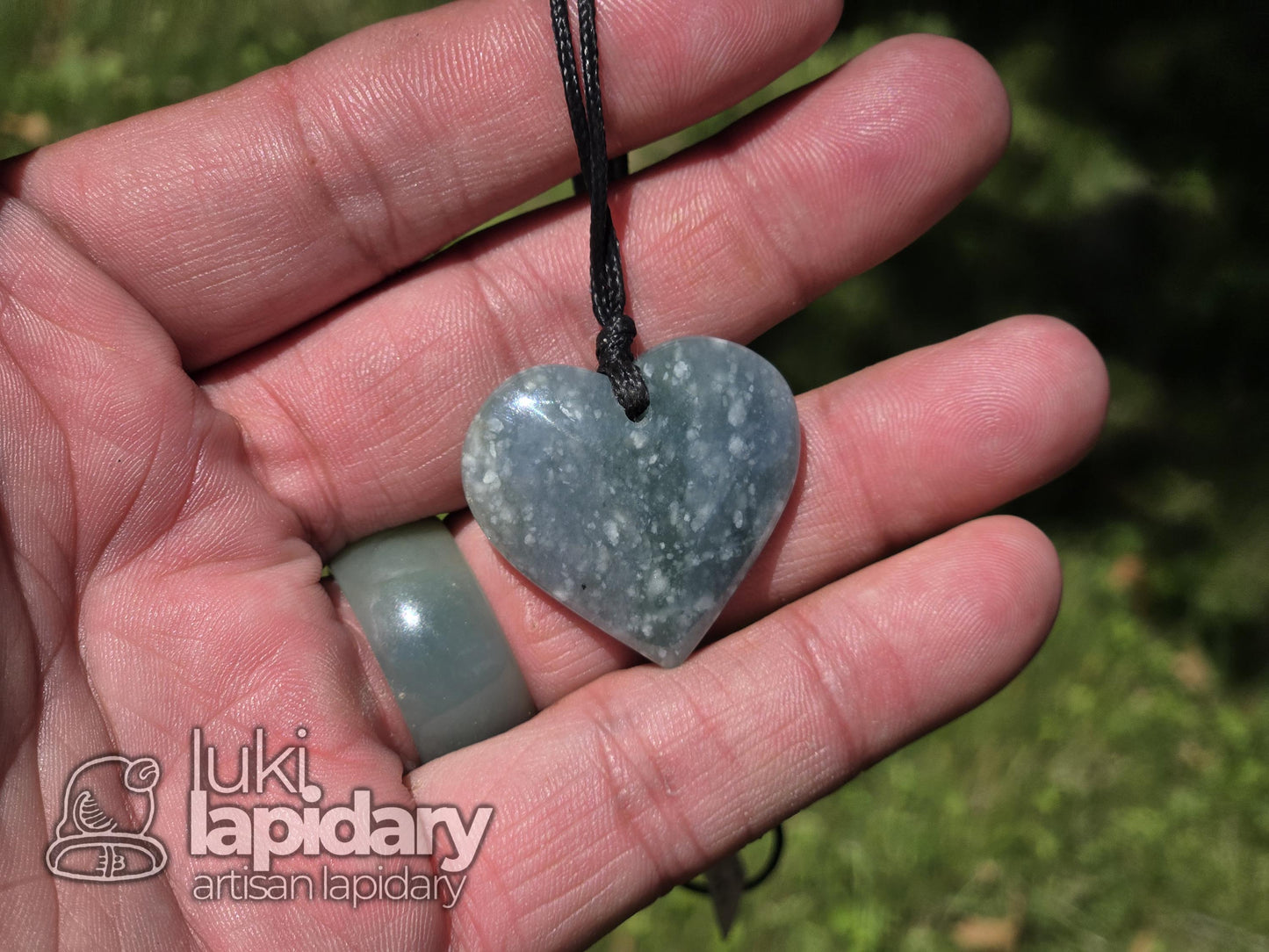 Guatemalan Snowy Princesa Jadeite Carved Heart >> Braided Adjustable Necklace >> Mayan Jade >> Translucent Jade >> Hand Made Pendant