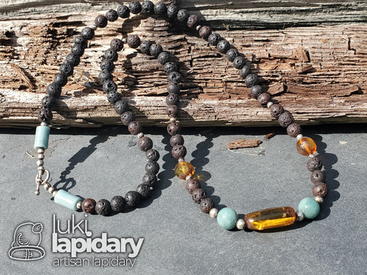 RARE >> Baltic Amber / Jadeite Jade >> Lava Rock >> 925 Sterling Silver >> Full Bead Pendant