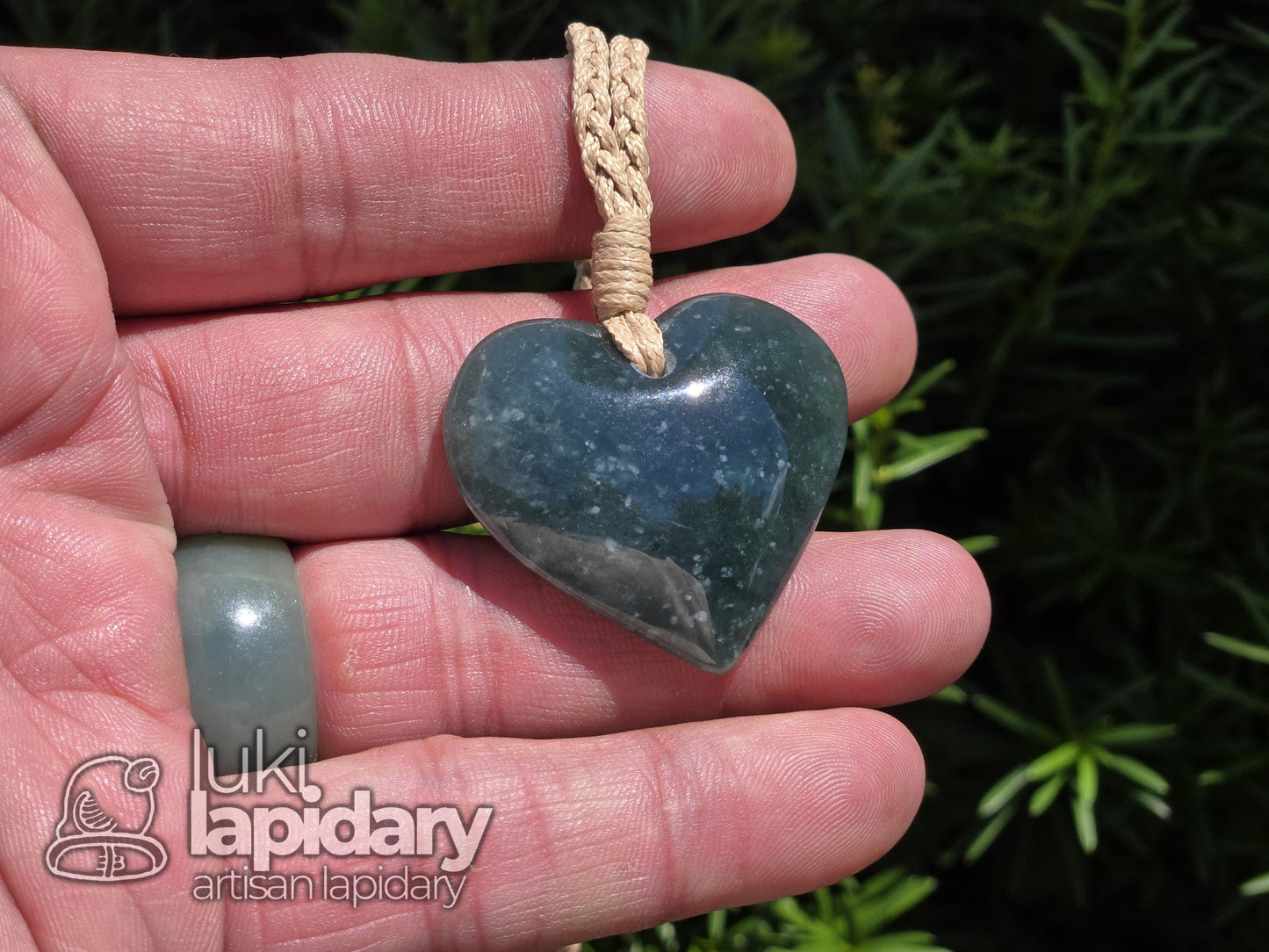 Guatemalan Blue Jadeite Carved Heart >> Braided Adjustable Necklace >> Mayan Jade >> Translucent Jade >> Hand Made Pendant