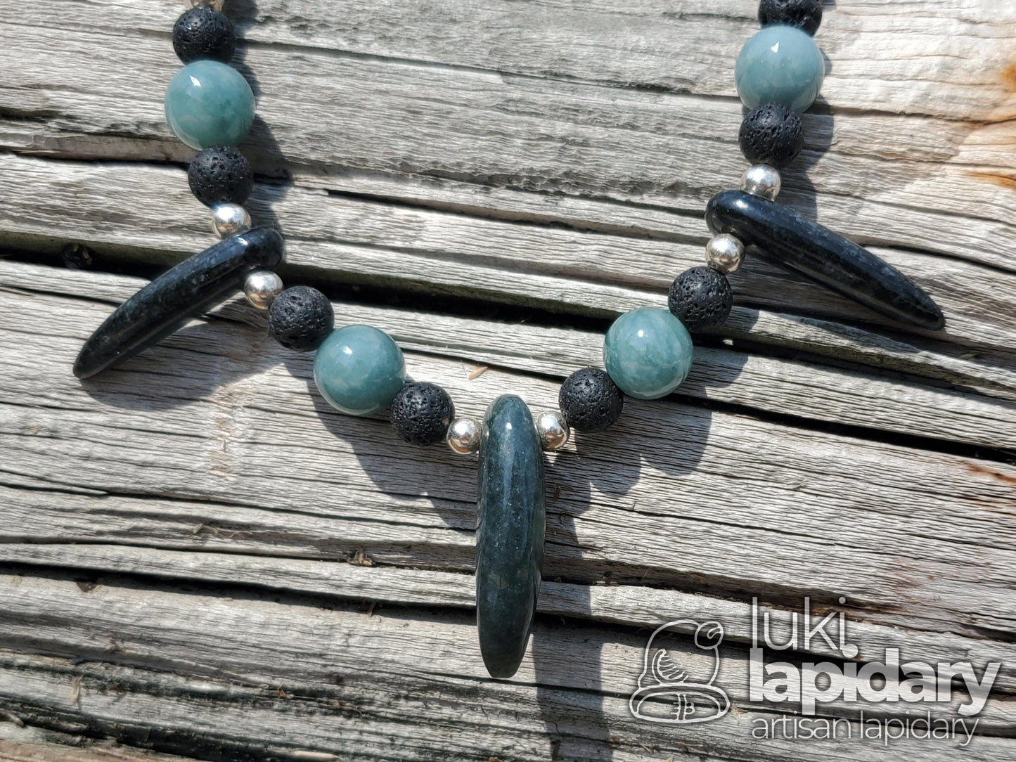 Mayan Jaguar Jade Tooth Necklace >> Jade Beads >> .925 Sterling Silver >> Fully Beaded