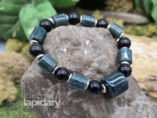 Guatemalan Jadeite Jade Cylinder Bracelet >> 925 Silver Spacers >> 10mm >> 7.5 Inches Stretch >> Hand Made Beads >> Gold Sheen Obsidian