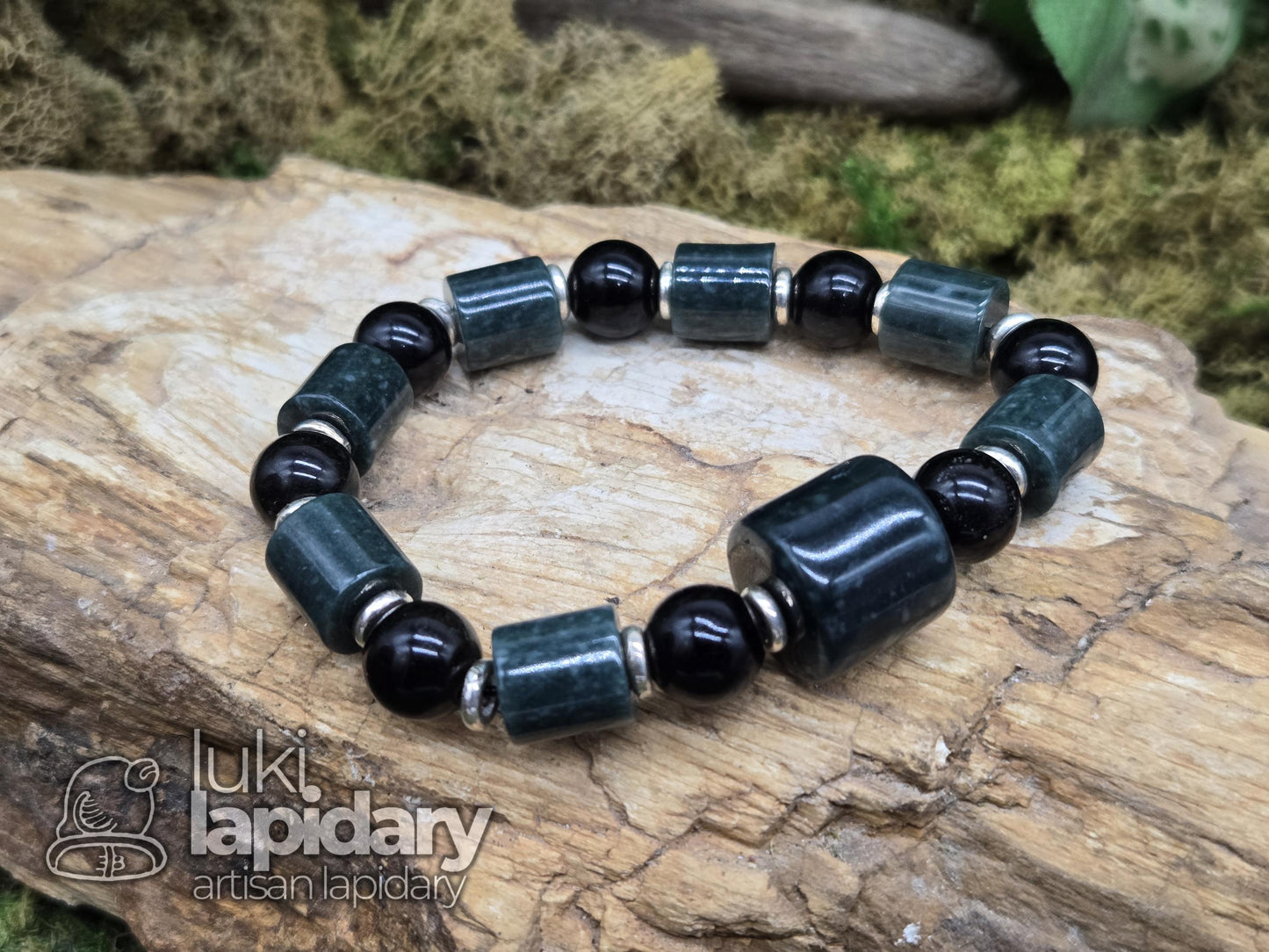 Guatemalan Jadeite Jade Cylinder Bracelet >> 925 Silver Spacers >> 10mm >> 7.5 Inches Stretch >> Hand Made Beads >> Gold Sheen Obsidian