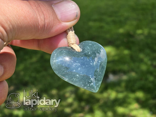 Guatemalan Blue Jadeite Carved Heart >> Braided Adjustable Necklace >> Mayan Jade >> Translucent Jade >> Hand Made Pendant