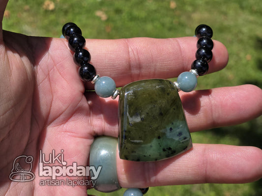 FULLY BEADED >> Siberian Nephrite Jade Hatchet Pendant >> Adjustable Necklace >> Siberian Jade >> Translucent Jade >> Hatchet Pendant