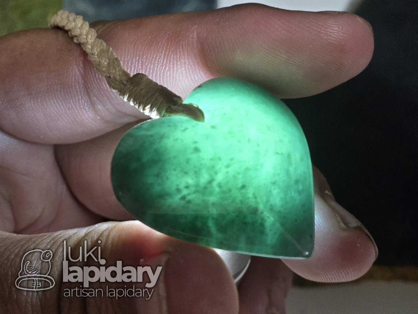 Guatemalan Blue Jadeite Carved Heart >> Braided Adjustable Necklace >> Mayan Jade >> Translucent Jade >> Hand Made Pendant