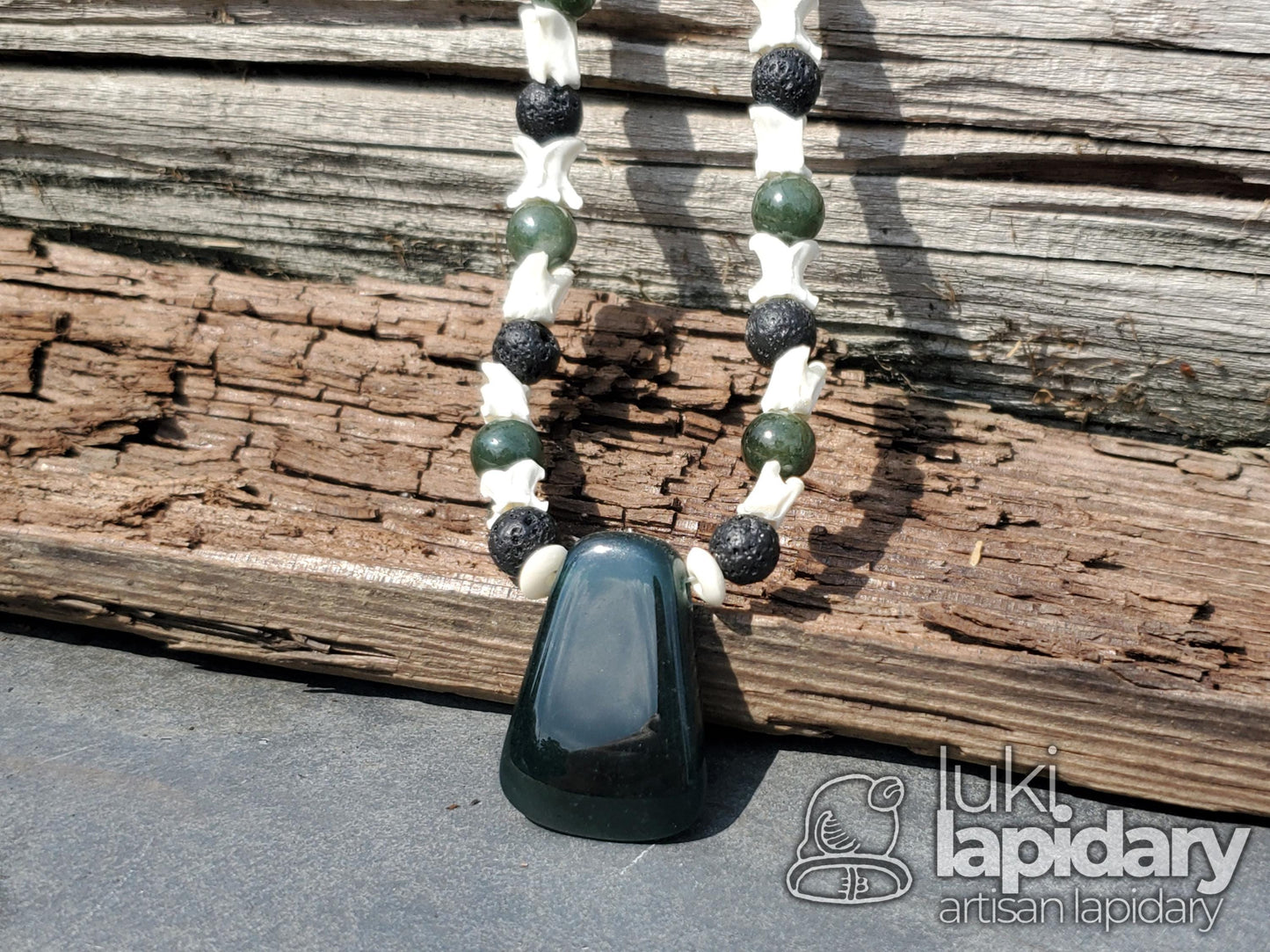 Blue Jadeite >> Mayan Hatchet Pendant >> Snake Vertebrae Accent Beads >> Jade Beads