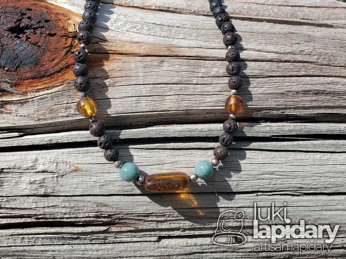 RARE >> Baltic Amber / Jadeite Jade >> Lava Rock >> 925 Sterling Silver >> Full Bead Pendant