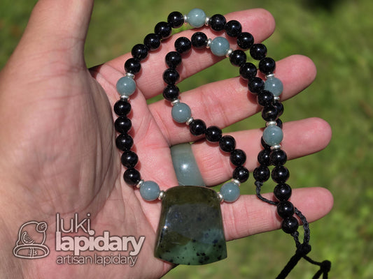 FULLY BEADED >> Siberian Nephrite Jade Hatchet Pendant >> Adjustable Necklace >> Siberian Jade >> Translucent Jade >> Hatchet Pendant
