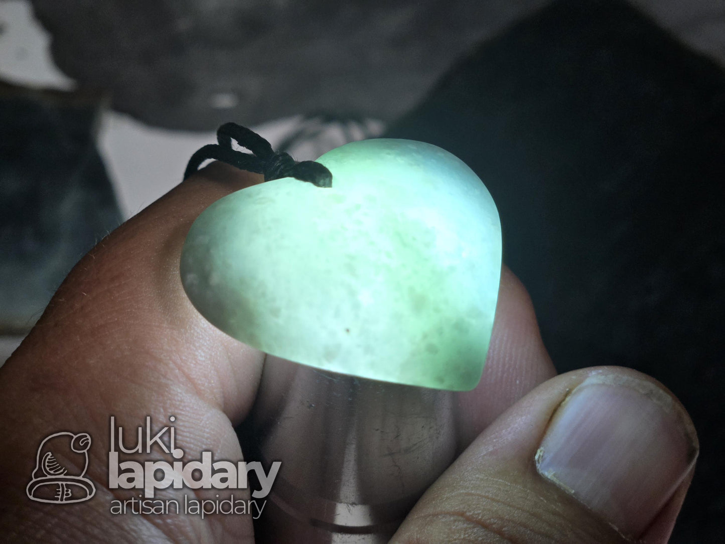 Guatemalan Snowy Princesa Jadeite Carved Heart >> Braided Adjustable Necklace >> Mayan Jade >> Translucent Jade >> Hand Made Pendant