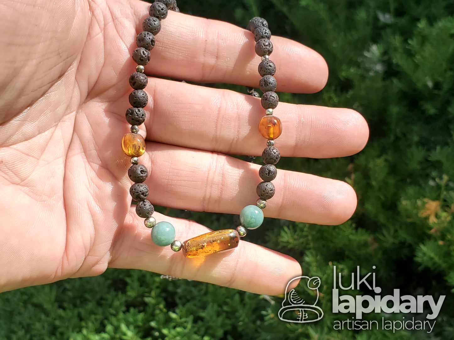 RARE >> Baltic Amber / Jadeite Jade >> Lava Rock >> 925 Sterling Silver >> Full Bead Pendant
