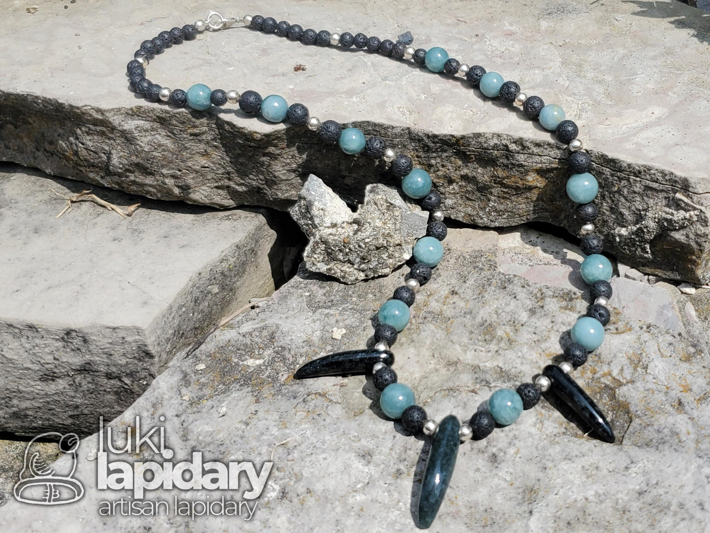 Mayan Jaguar Jade Tooth Necklace >> Jade Beads >> .925 Sterling Silver >> Fully Beaded