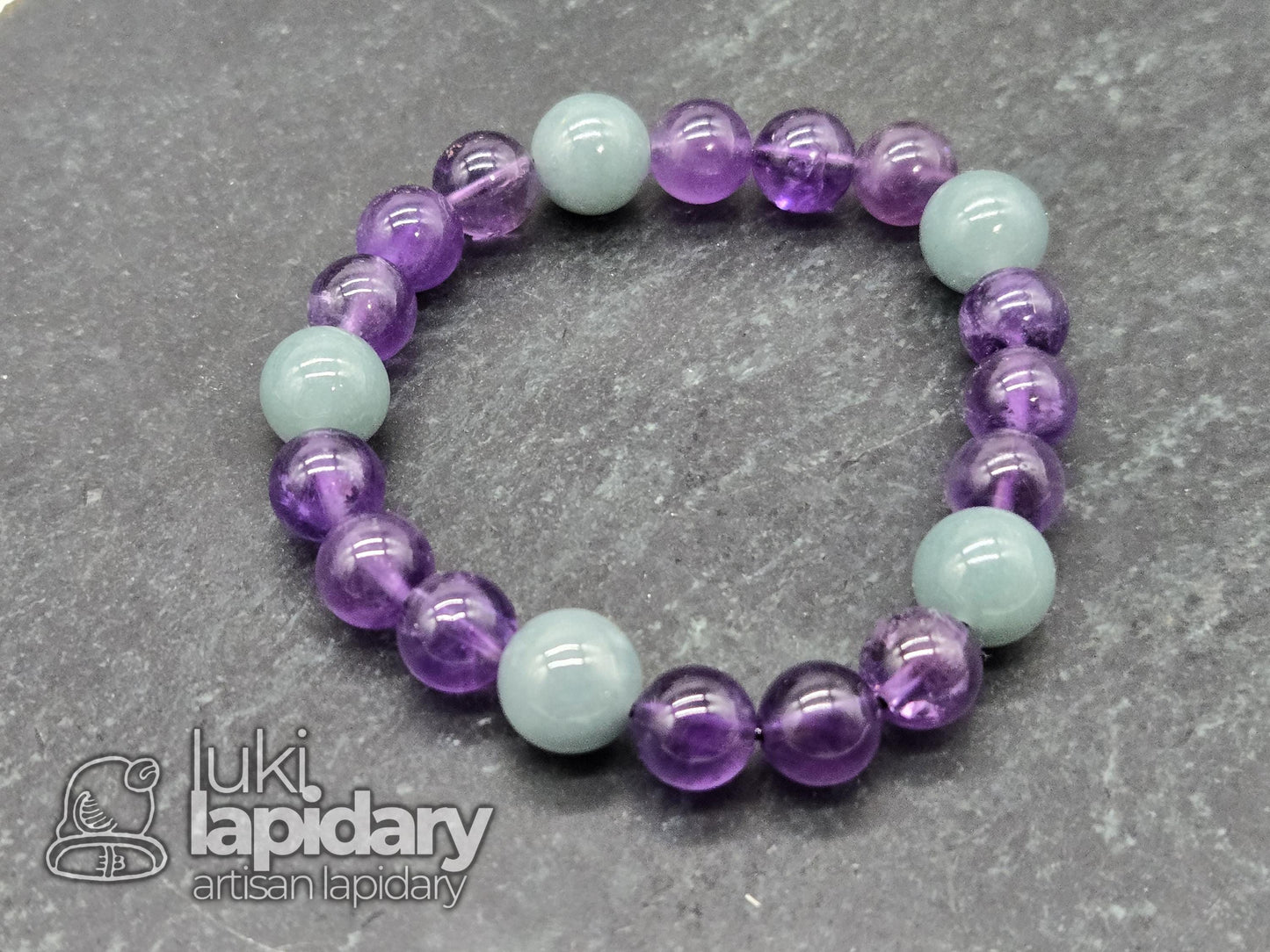 Guatemalan Jadeite with Amethyst Bracelet >>  10mm >> 6.5 Inches Stretch >> Hand Made Beads >> High Quality Amethyst