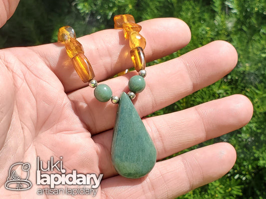 RARE >> Baltic Amber / Jadeite Jade >> Guatemalan Jadeite >> .925 Sterling Silver >> Full Bead Pendant