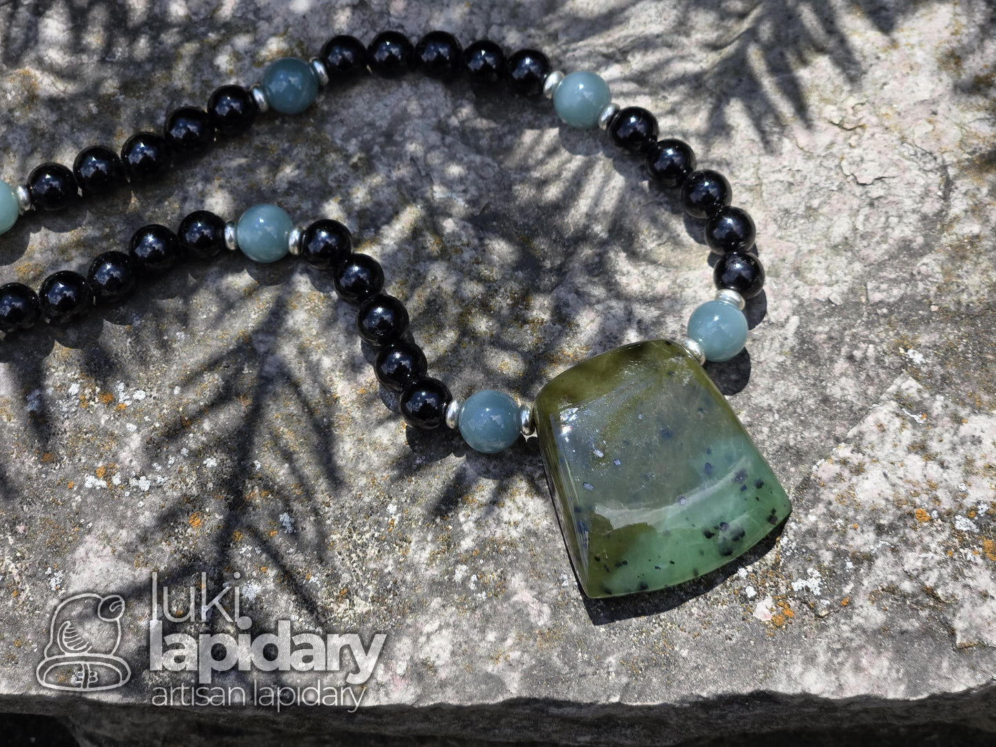 FULLY BEADED >> Siberian Nephrite Jade Hatchet Pendant >> Adjustable Necklace >> Siberian Jade >> Translucent Jade >> Hatchet Pendant
