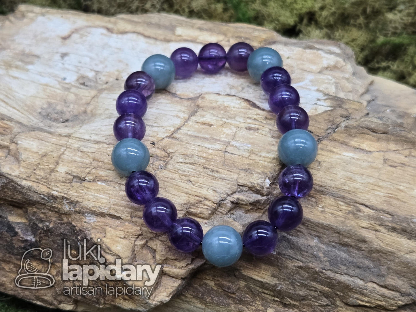 Guatemalan Jadeite with Amethyst Bracelet >>  10mm >> 6.5 Inches Stretch >> Hand Made Beads >> High Quality Amethyst