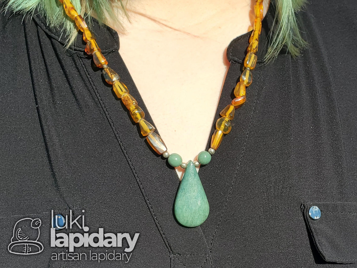 RARE >> Baltic Amber / Jadeite Jade >> Guatemalan Jadeite >> .925 Sterling Silver >> Full Bead Pendant