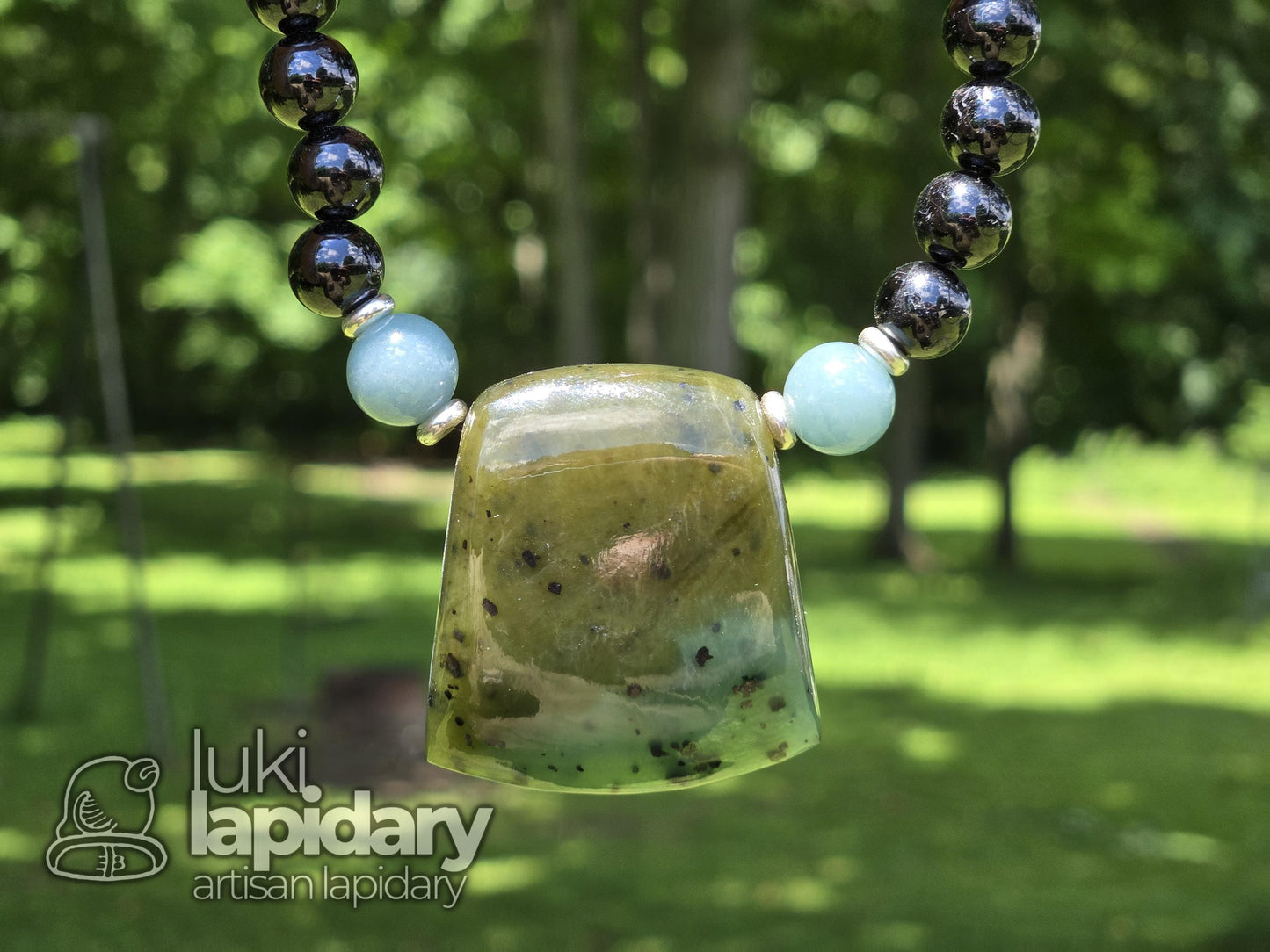 FULLY BEADED >> Siberian Nephrite Jade Hatchet Pendant >> Adjustable Necklace >> Siberian Jade >> Translucent Jade >> Hatchet Pendant