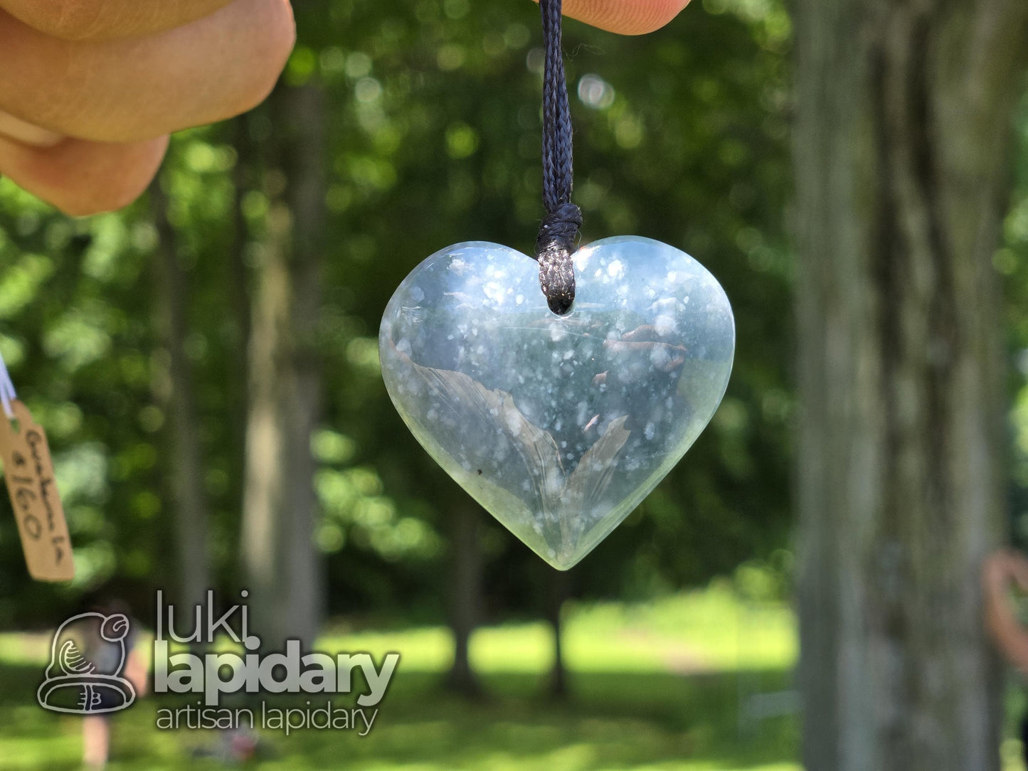 Guatemalan Snowy Princesa Jadeite Carved Heart >> Braided Adjustable Necklace >> Mayan Jade >> Translucent Jade >> Hand Made Pendant