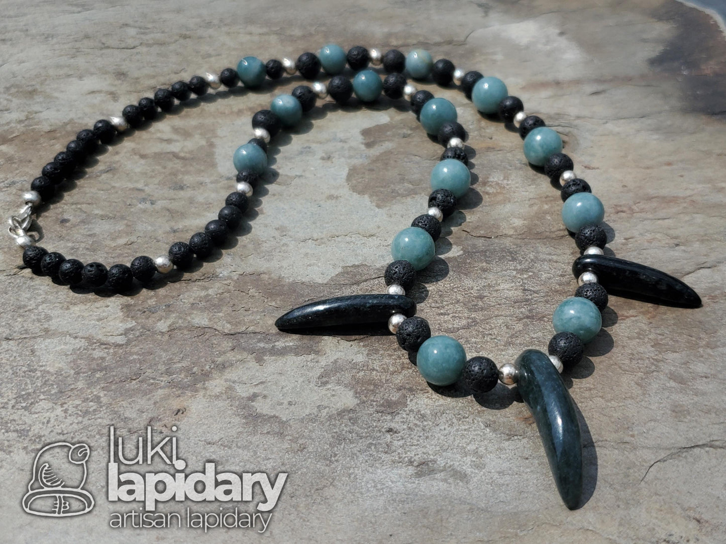 Mayan Jaguar Jade Tooth Necklace >> Jade Beads >> .925 Sterling Silver >> Fully Beaded