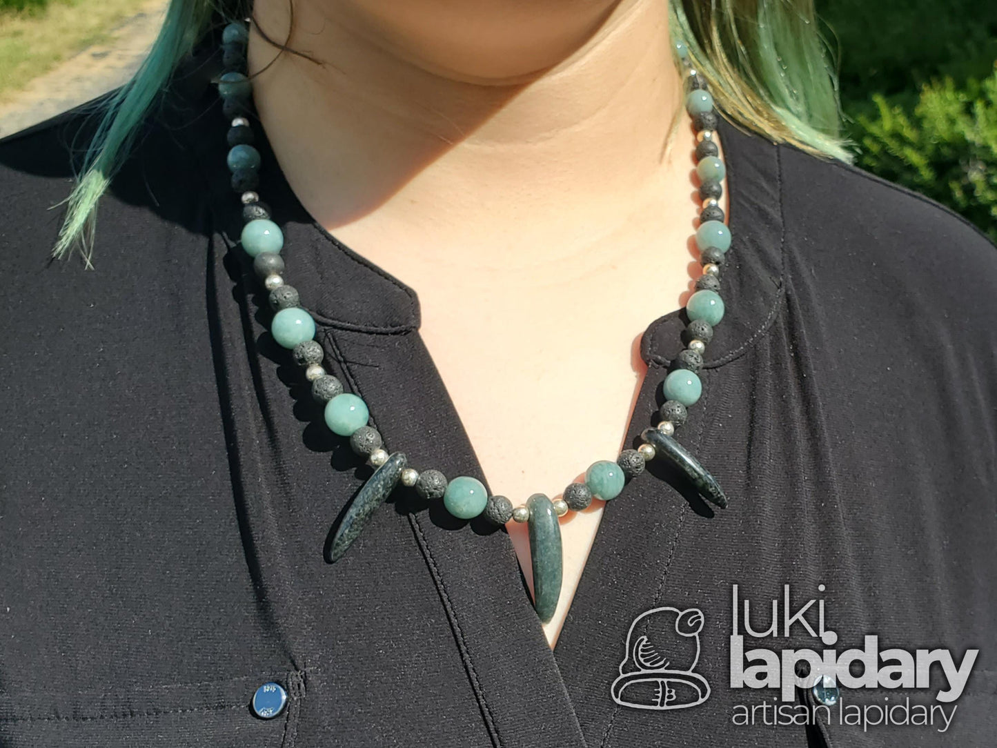 Mayan Jaguar Jade Tooth Necklace >> Jade Beads >> .925 Sterling Silver >> Fully Beaded