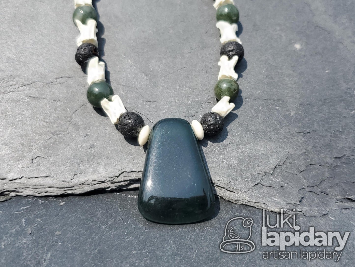 Blue Jadeite >> Mayan Hatchet Pendant >> Snake Vertebrae Accent Beads >> Jade Beads
