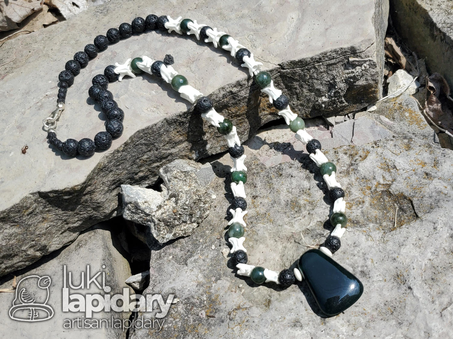 Blue Jadeite >> Mayan Hatchet Pendant >> Snake Vertebrae Accent Beads >> Jade Beads