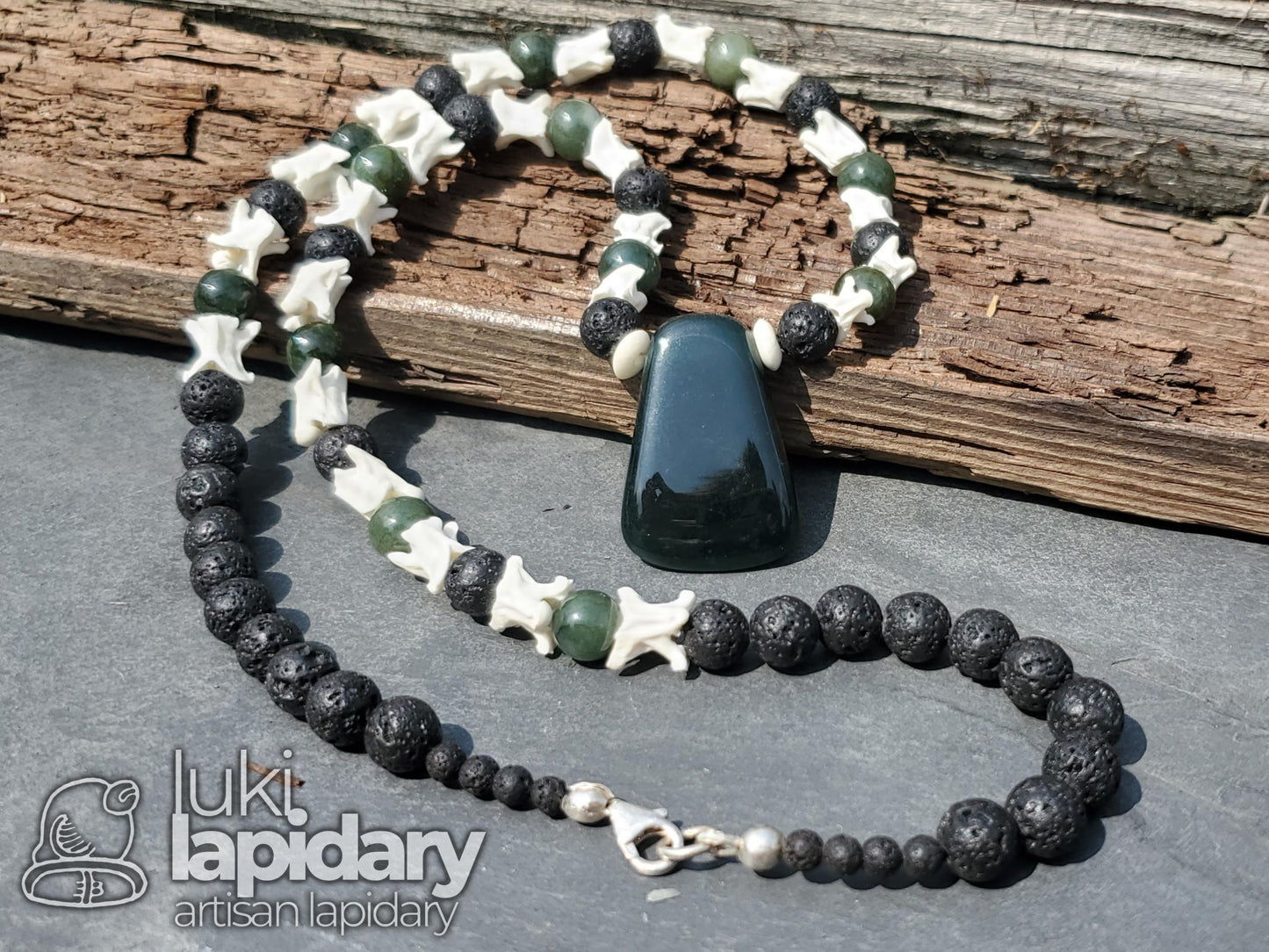 Blue Jadeite >> Mayan Hatchet Pendant >> Snake Vertebrae Accent Beads >> Jade Beads