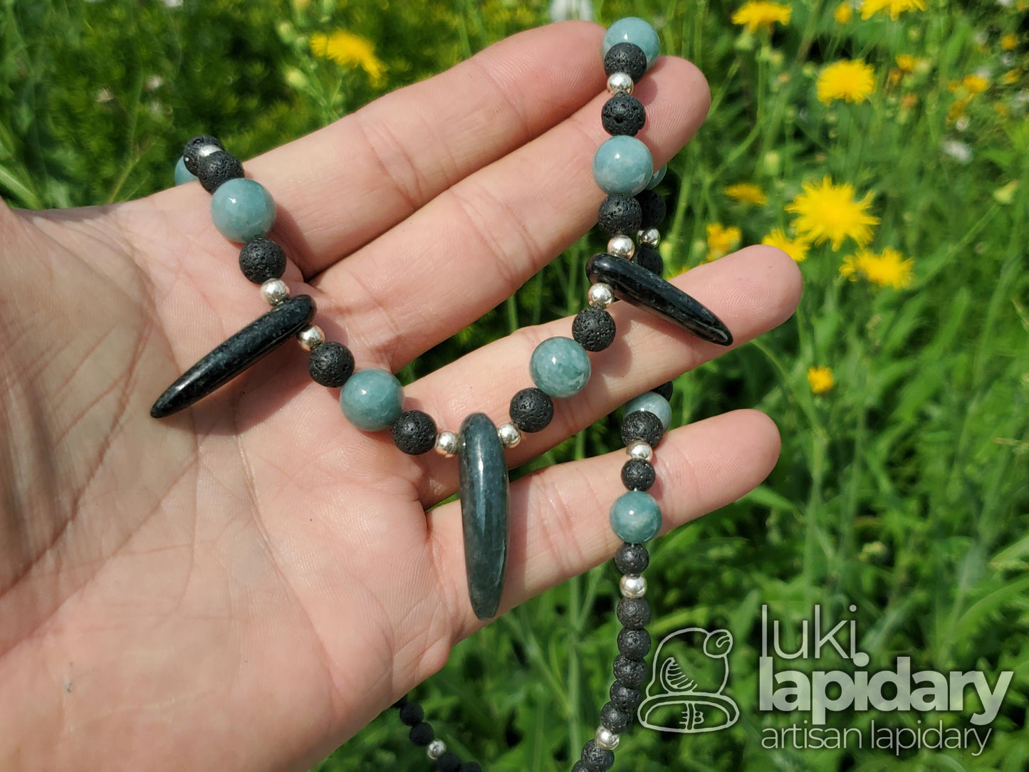Mayan Jaguar Jade Tooth Necklace >> Jade Beads >> .925 Sterling Silver >> Fully Beaded